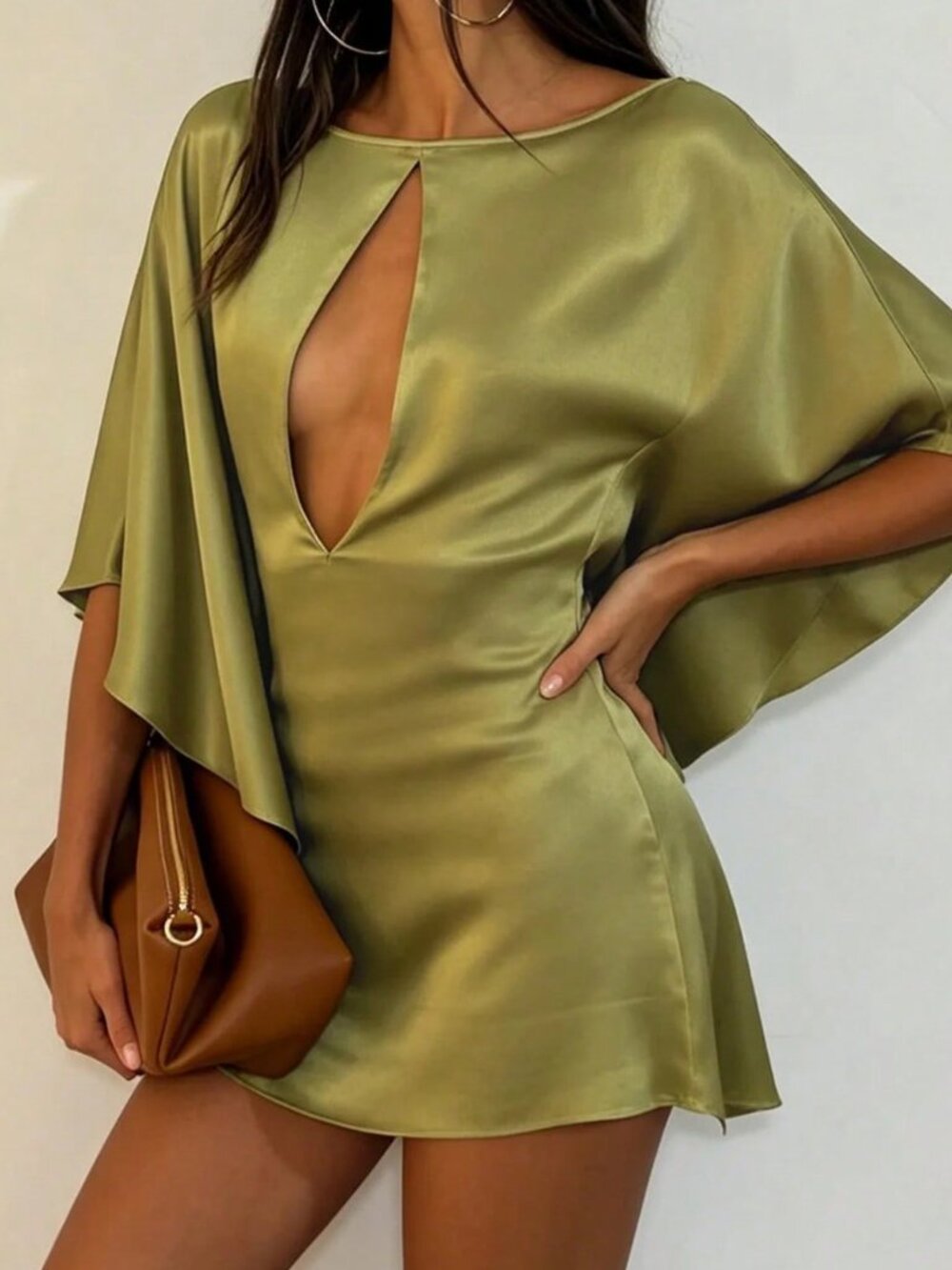 Green Elegant Women's Plain Batwing Sleeve Straight Hem Mini Dress